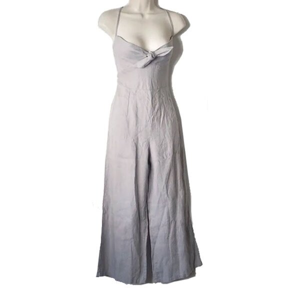 NWT Elan Linen Tie-Top Jumpsuit M Taupe Gray Spaghetti Strap Wide Leg Cropped - Picture 1 of 11